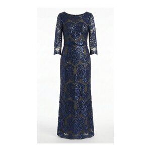 Tahari Arthur S. Levine Navy Blue Sequin Lace Formal Gown Dress Size 10